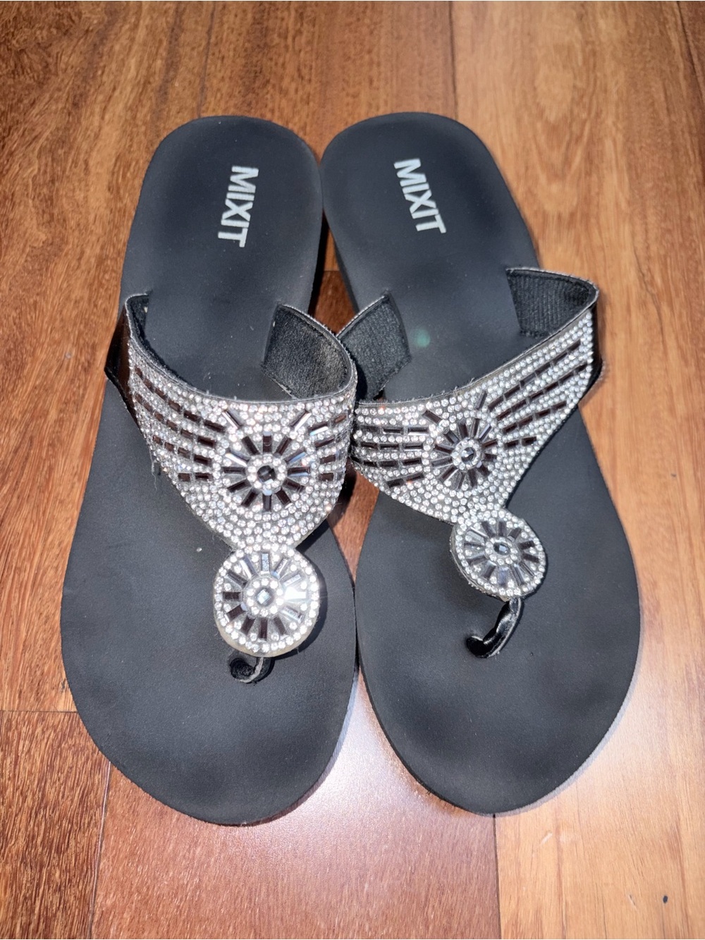 Mixit Black Jeweled Thong Sandals with Rhinestone Accents